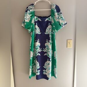 Maia Womens Dress 12 Blue Green Color Block Floral Off Shoulder Short Sleeve New